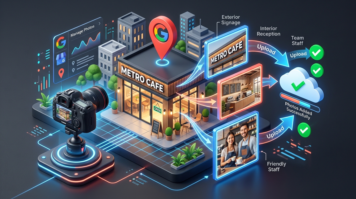 How to Add Photos to Google Business Profile - Custom 3D Concept Illustration